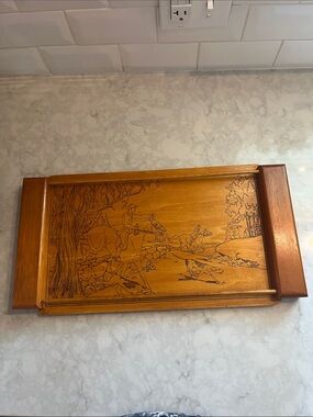 Vintage wood tray Pyrography Fox hunting scene Handmade